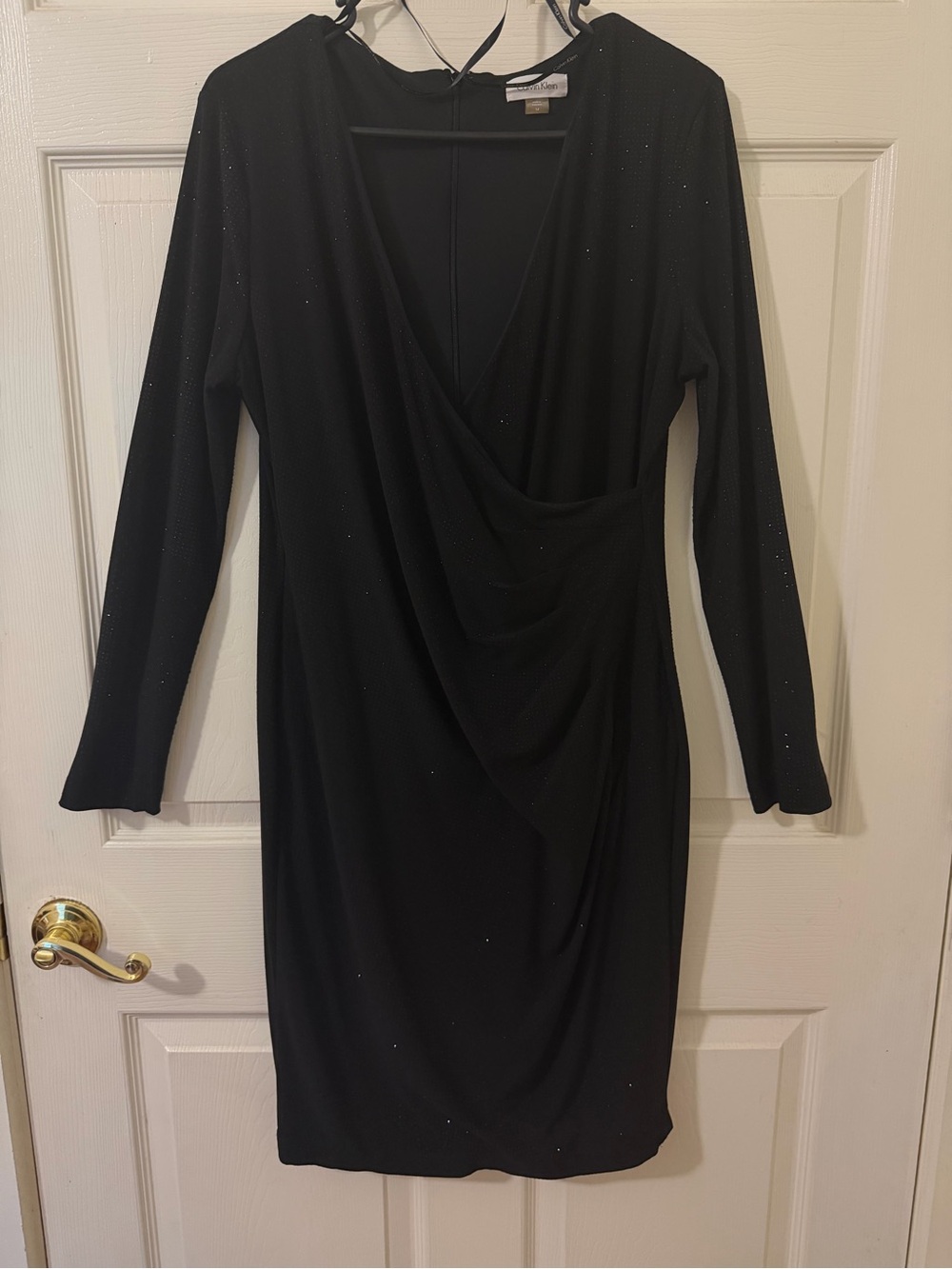 Calvin Klein Black Glitter Metallic Sparkle Faux Wrap Dress Womens 14 Long Sleev